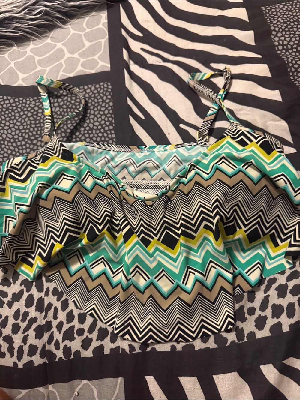 La Blanca Chevron Flounce Camisole Top - Teal, Black & Tan